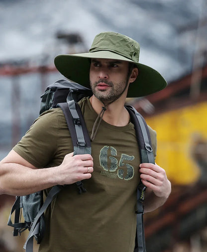2025 Summer Wide Brim Bucket Hat – Breathable Mesh Outdoor Sun Cap for Men