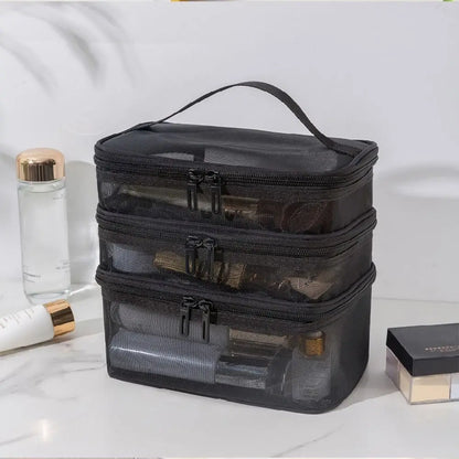 Fashion Transparent Mesh Travel Cosmetic Bag – Large Capacity 1/2/3 Layer Toiletry & Makeup Organizer for Women