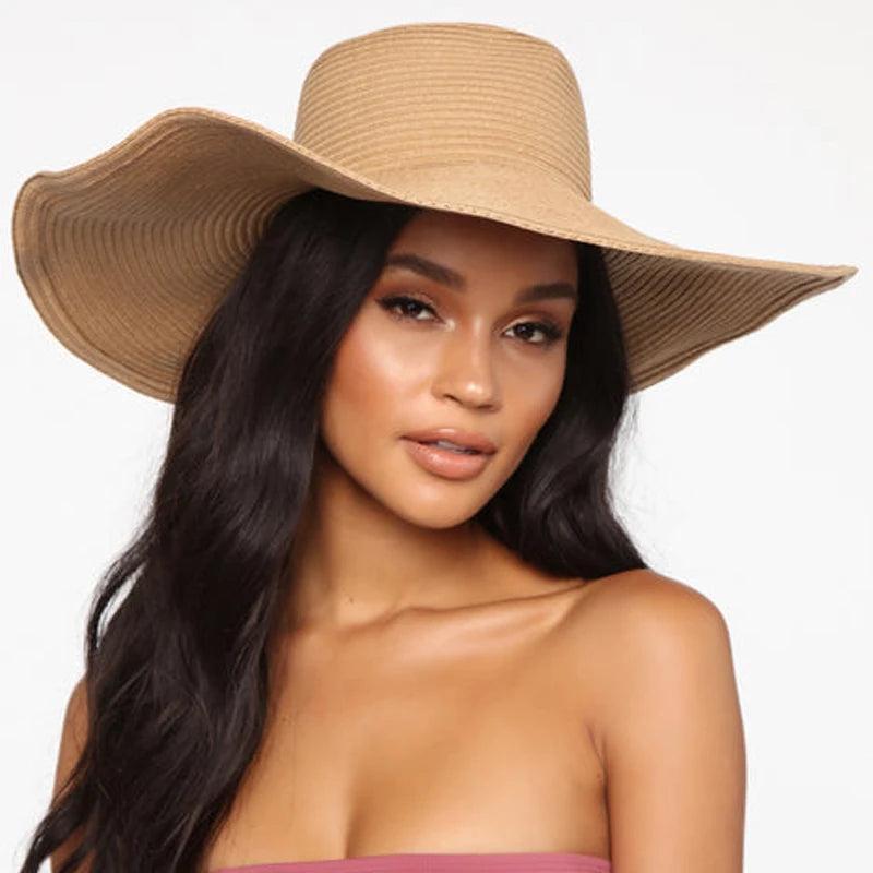 Women 15cm Wide Brim Sun Hat Summer Travel Floppy Straw Hat Female Outdoor Vacation Roll Up UPF50+ Oversized Foldable Beach Hat