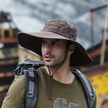 2025 Summer Wide Brim Bucket Hat – Breathable Mesh Outdoor Sun Cap for Men