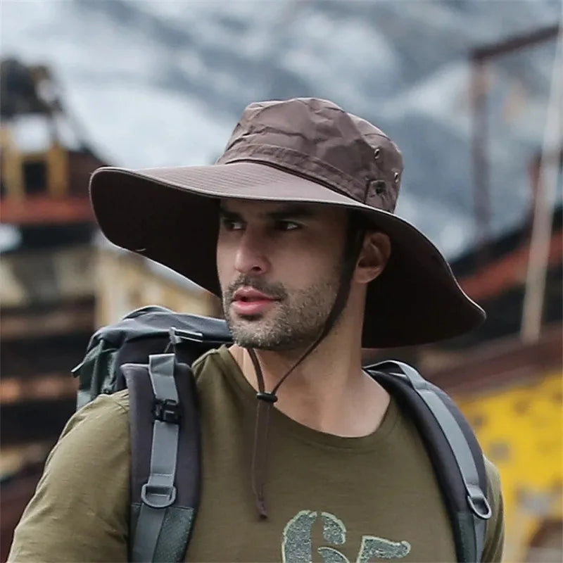 2025 Summer Wide Brim Bucket Hat – Breathable Mesh Outdoor Sun Cap for Men