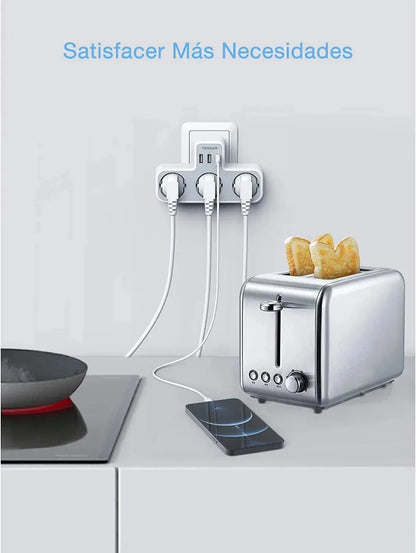 TESSAN 6-in-1 Socket Adapter – 3-Way Outlet with USB & Surge Protection for Travel, Smartphones & Laptops!