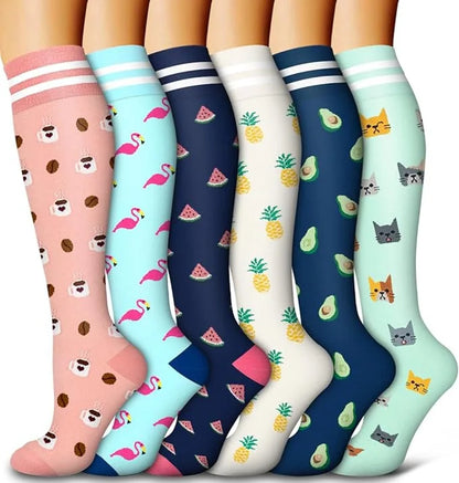 6 Pairs Animal & Fruit Compression Socks – Fun & Supportive Socks for Nurses, Runners & Everyday Wear**