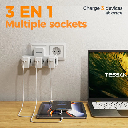 TESSAN 6-in-1 Socket Adapter – 3-Way Outlet with USB & Surge Protection for Travel, Smartphones & Laptops!