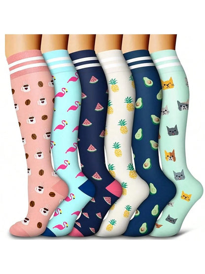 6 Pairs Animal & Fruit Compression Socks – Fun & Supportive Socks for Nurses, Runners & Everyday Wear**