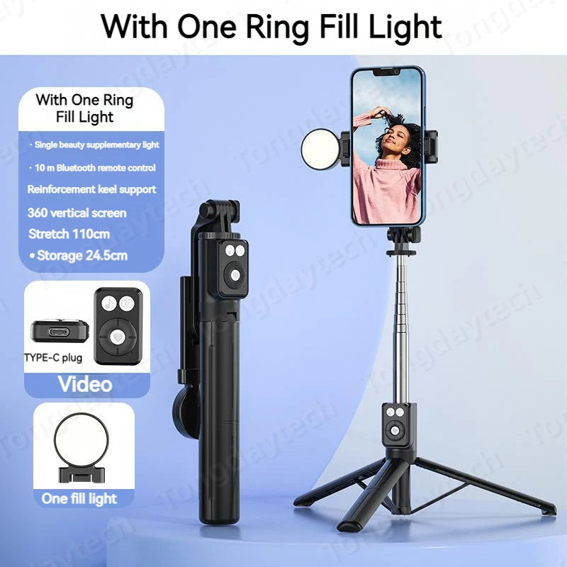 Bluetooth Wireless Selfie Stick – Foldable Phone Stand with Ring Light for Makeup, Video, & Live Streaming