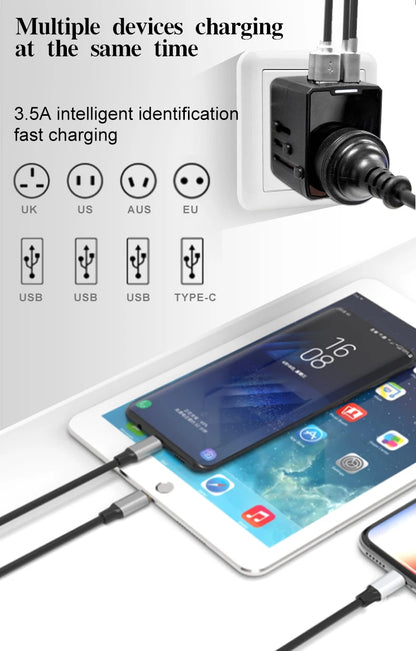 65W Universal Travel Adapter – All-in-One Charger with 3 USB & 1 Type-C for US, EU, UK, & AU