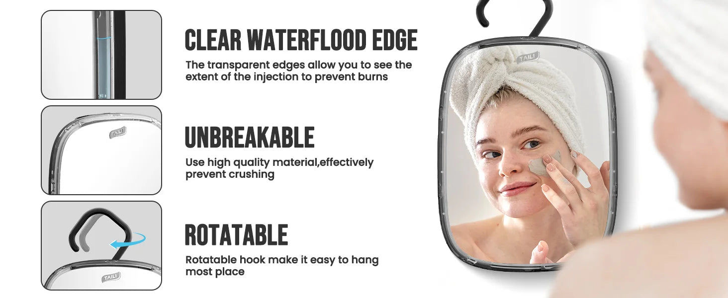 TAILI Shower Mirror Fogless for Shaving, Removable Fog Free Wall Hanging Mirror Portable Bathroom Mirror for Travel Camping