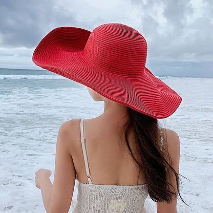 Women 15cm Wide Brim Sun Hat Summer Travel Floppy Straw Hat Female Outdoor Vacation Roll Up UPF50+ Oversized Foldable Beach Hat