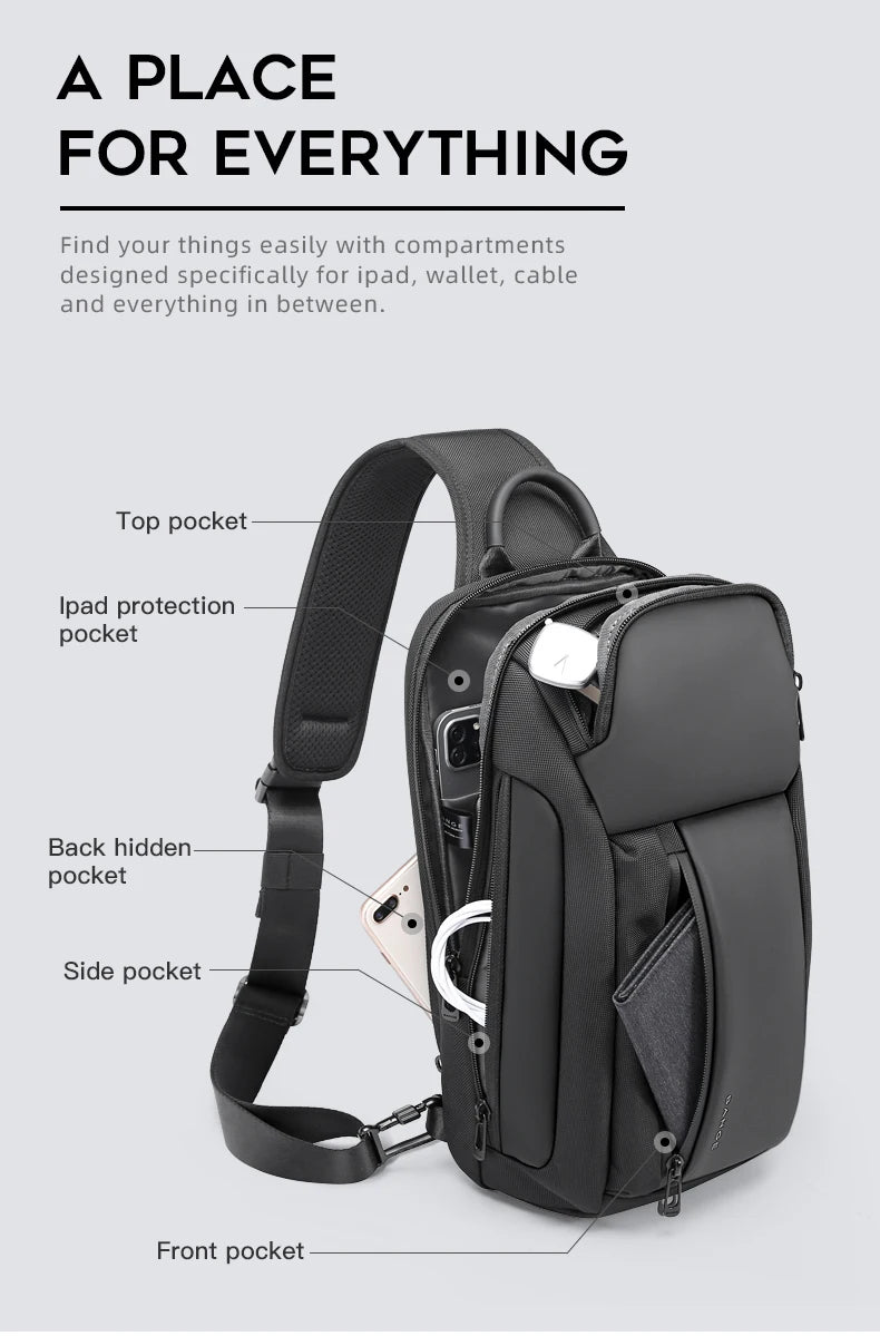BANGE Brand Design Oxford Trendy Waterproof Men’s Chest Bag – Large Capacity, Multi-Pockets Slim Bag for Male