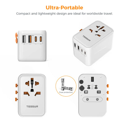 TESSAN 100W GaN Universal Travel Adapter – Fast Charging USB & Type-C Power Adapter for EU/UK/US/AU!