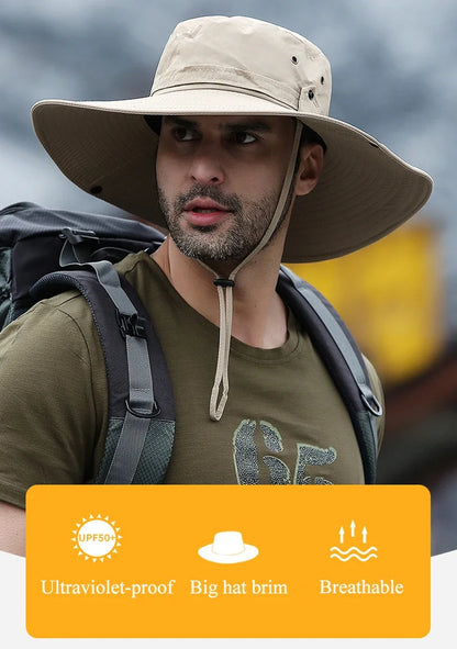 2025 Summer Wide Brim Bucket Hat – Breathable Mesh Outdoor Sun Cap for Men