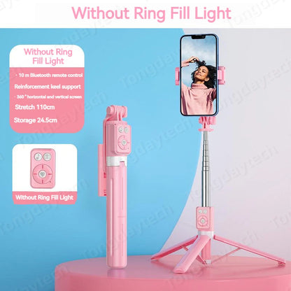 Bluetooth Wireless Selfie Stick – Foldable Phone Stand with Ring Light for Makeup, Video, & Live Streaming