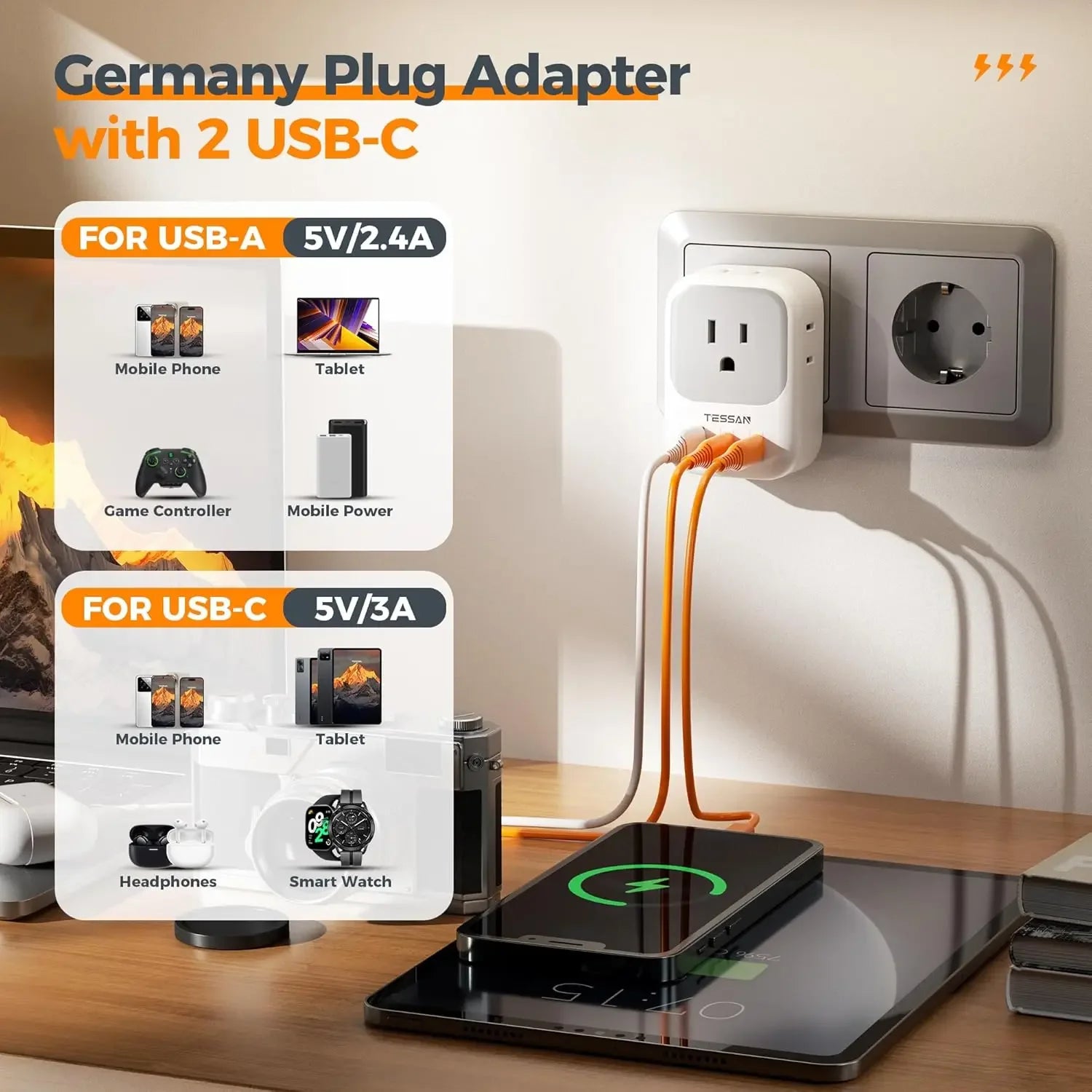 TESSAN US to EU Travel Adapter – 7-in-1 Plug with 4 AC Outlets & 3 USB Ports for Spain, France, Russia & More
