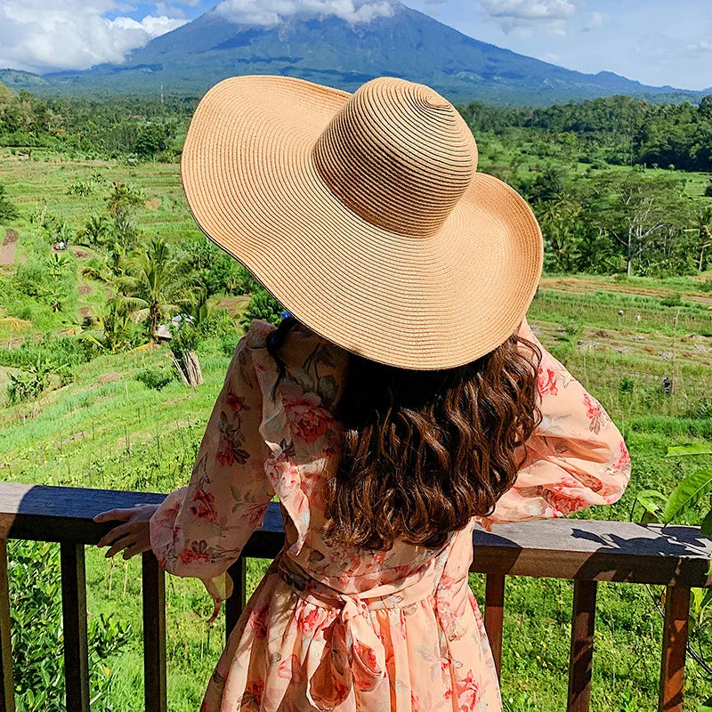 Women 15cm Wide Brim Sun Hat Summer Travel Floppy Straw Hat Female Outdoor Vacation Roll Up UPF50+ Oversized Foldable Beach Hat