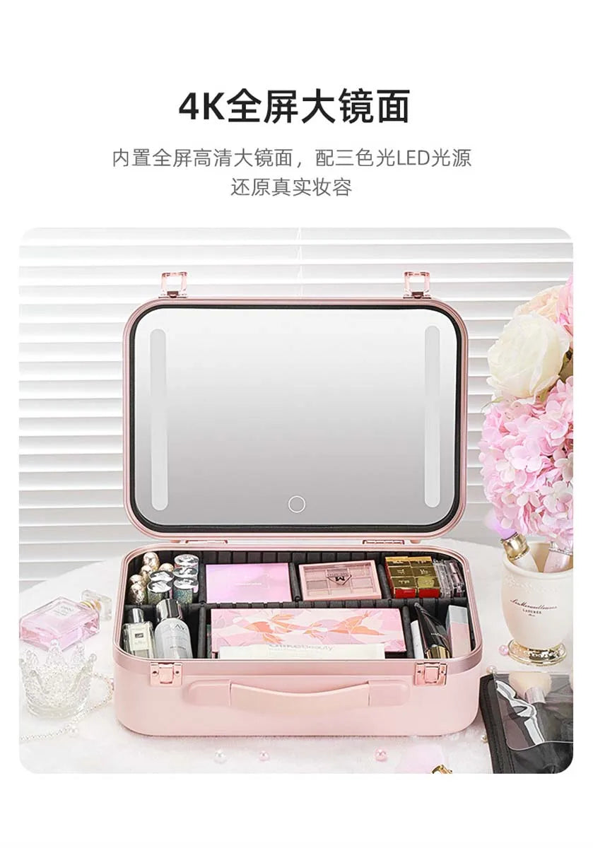 Large-Capacity LED Makeup Case with Mirror – Portable Professional Cosmetic Storage Box