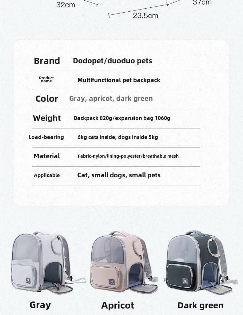 Pet Backpack Expandable Foldable Cat Carrier for Small Medium Dog and Cat Transport Dog Bag Large Space Pets Carrier with Zipper