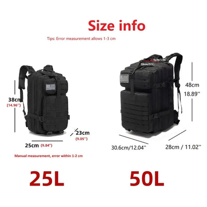 1000D Nylon Waterproof Tactical Backpack – Outdoor Rucksack for Camping, Hiking, Trekking, Fishing & Hunting (25L/50L)