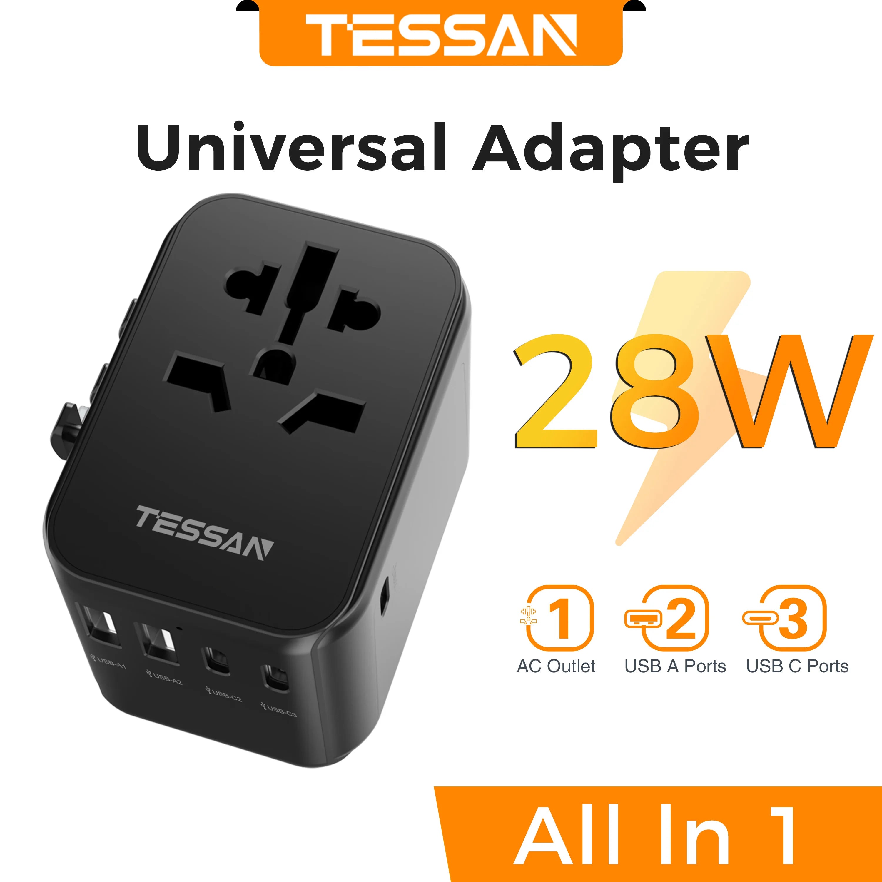 TESSAN 100W GaN Universal Travel Adapter – Fast Charging USB & Type-C Power Adapter for EU/UK/US/AU!
