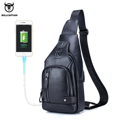 Bullcaptain Leather Large Capacity Chest Bag – Men’s Shoulder Bag with USB Port for Outdoor Casual Activities