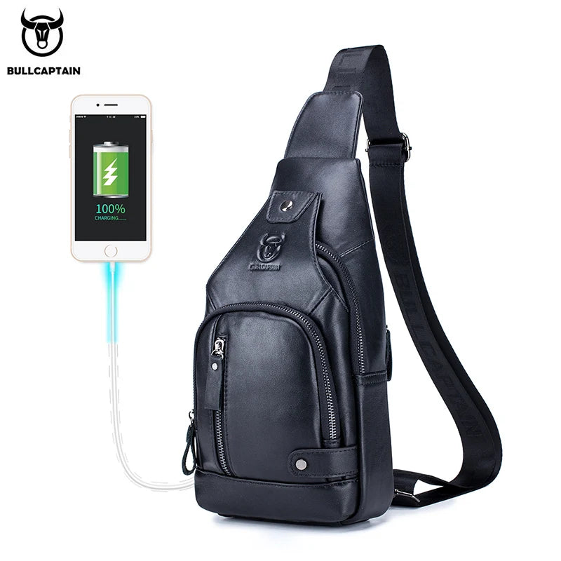Bullcaptain Leather Large Capacity Chest Bag – Men’s Shoulder Bag with USB Port for Outdoor Casual Activities