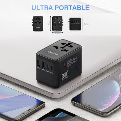 LENCENT 65W/100W GaN Universal Travel Adapter – Fast Charging EU/UK/US/AU Plug with 2 USB & 3 Type-C Ports
