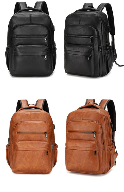 High-Quality USB Charging Backpack for Men – PU Leather Laptop Backpack, Large Schoolbag for Teenagers and Boys