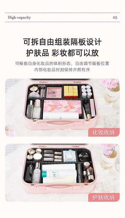 Large-Capacity LED Makeup Case with Mirror – Portable Professional Cosmetic Storage Box