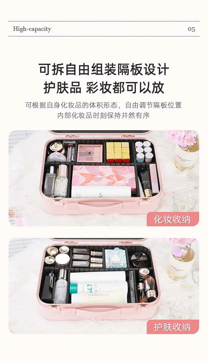 Large-Capacity LED Makeup Case with Mirror – Portable Professional Cosmetic Storage Box