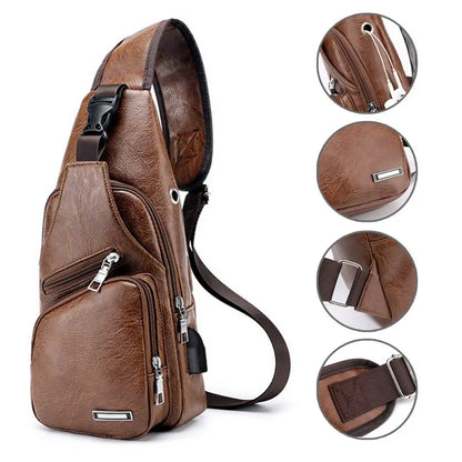USB Data Cable Charging Chest Bag – Casual Fashion Shoulder Bag, PU Outdoor Sports Men’s Backpack