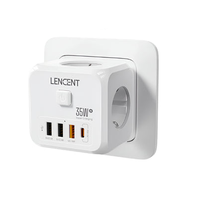 LENCENT 7-in-1 EU Power Strip – Wall Socket with 3 AC Outlets, 3 USB (QC 18W) & 1 Type-C (PD 35W) Fast Charger!