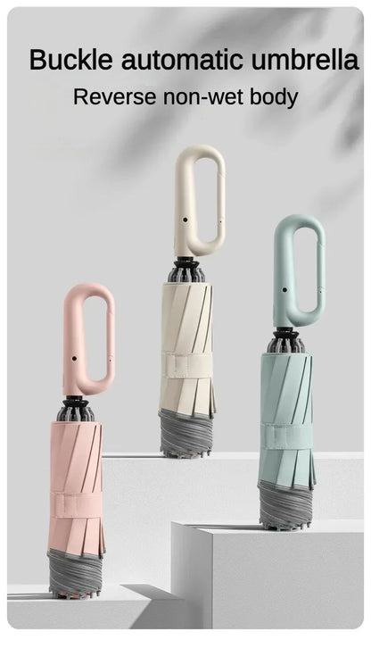 Travel Portable Rain Umbrella, Buckle Automatic Folding Reverse Umbrella, Safety Reflective Strip, Windproof Umbrella Men Women