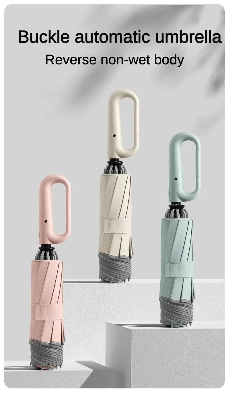 Travel Portable Rain Umbrella, Buckle Automatic Folding Reverse Umbrella, Safety Reflective Strip, Windproof Umbrella Men Women
