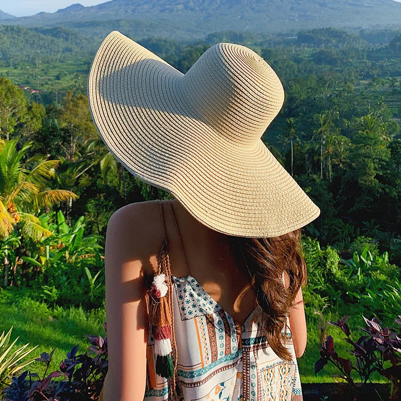 Women 15cm Wide Brim Sun Hat Summer Travel Floppy Straw Hat Female Outdoor Vacation Roll Up UPF50+ Oversized Foldable Beach Hat
