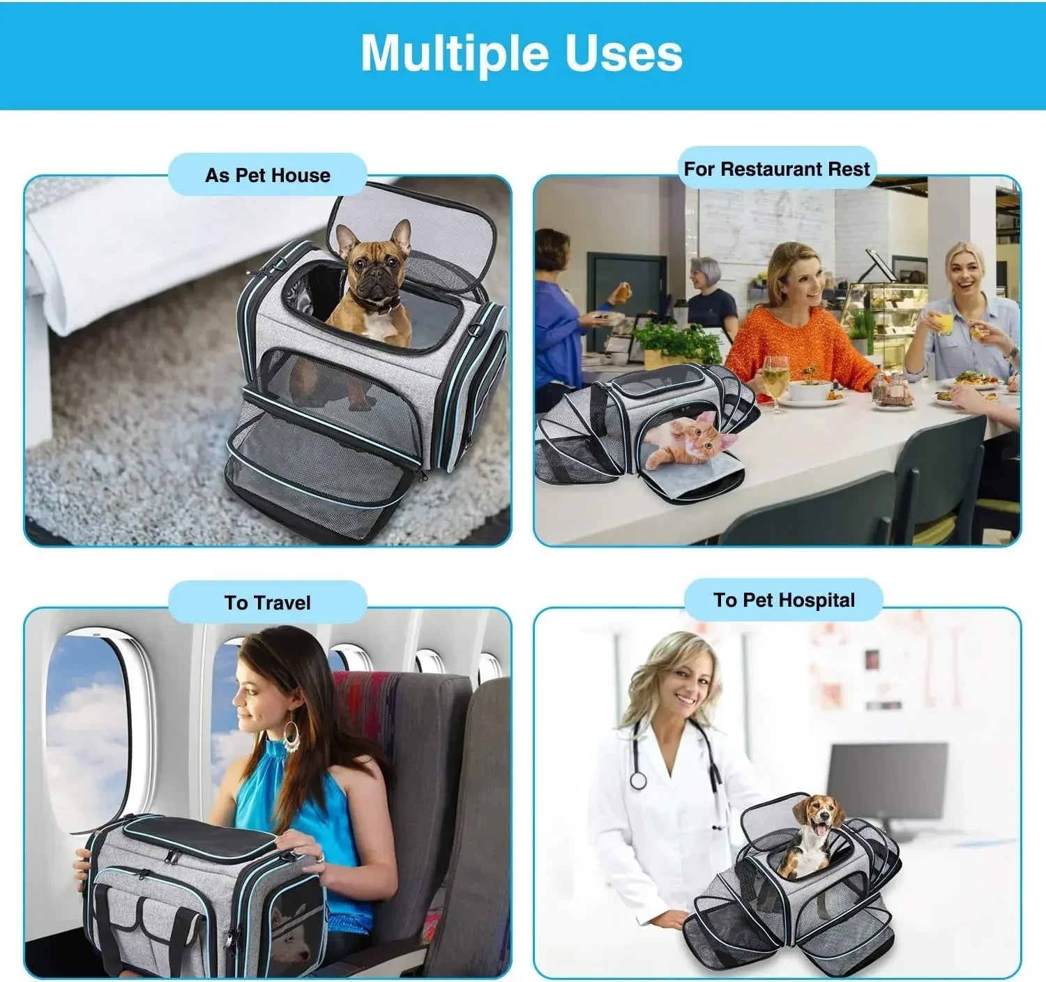 Approved Pet Carrier, Large Soft Sided Pet Travel TSA Carrier 4 Sides Expandable Cat Collapsible Carrier with Removable