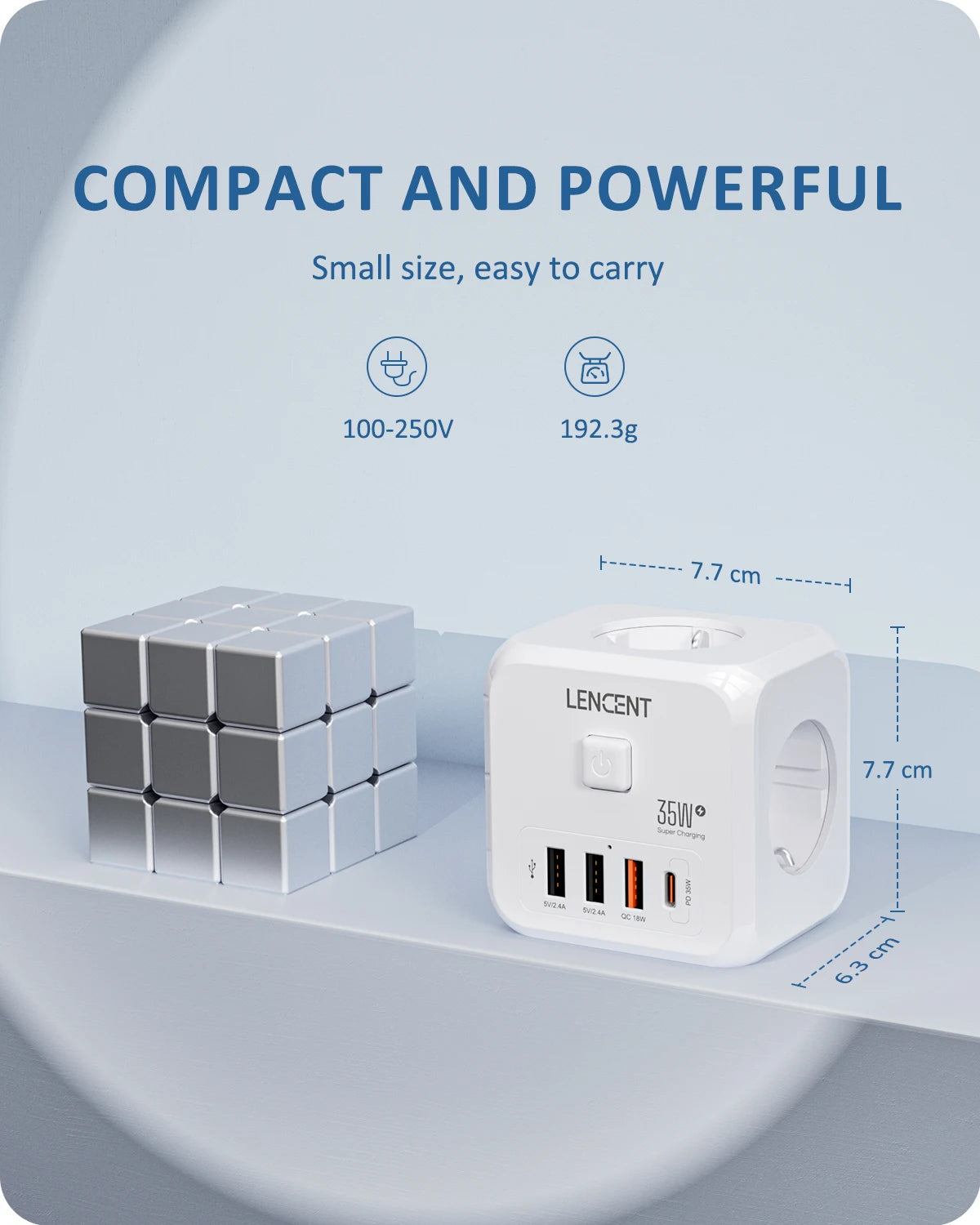 LENCENT 7-in-1 EU Power Strip – Wall Socket with 3 AC Outlets, 3 USB (QC 18W) & 1 Type-C (PD 35W) Fast Charger!