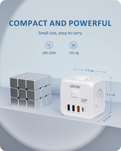 LENCENT 7-in-1 EU Power Strip – Wall Socket with 3 AC Outlets, 3 USB (QC 18W) & 1 Type-C (PD 35W) Fast Charger!