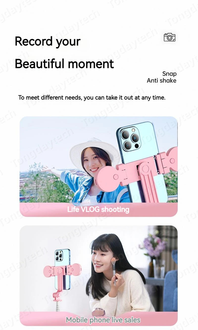 Bluetooth Wireless Selfie Stick – Foldable Phone Stand with Ring Light for Makeup, Video, & Live Streaming