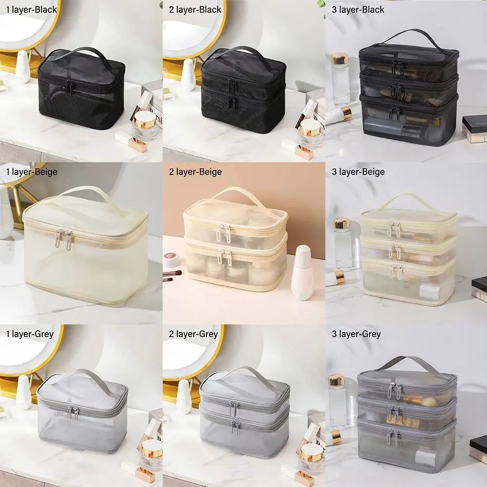 Fashion Transparent Mesh Travel Cosmetic Bag – Large Capacity 1/2/3 Layer Toiletry & Makeup Organizer for Women