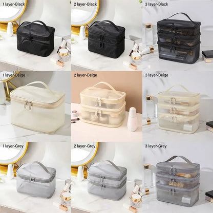 Fashion Transparent Mesh Travel Cosmetic Bag – Large Capacity 1/2/3 Layer Toiletry & Makeup Organizer for Women