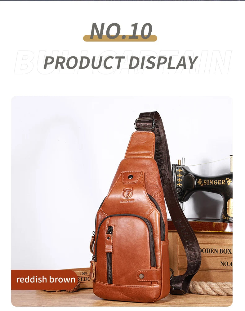 Bullcaptain Leather Large Capacity Chest Bag – Men’s Shoulder Bag with USB Port for Outdoor Casual Activities