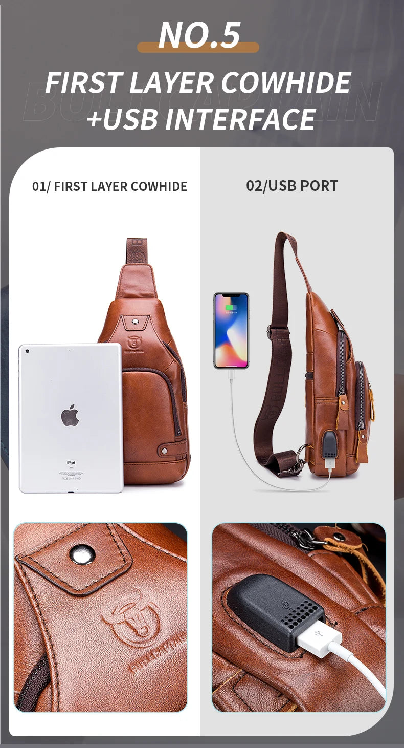 Bullcaptain Leather Large Capacity Chest Bag – Men’s Shoulder Bag with USB Port for Outdoor Casual Activities