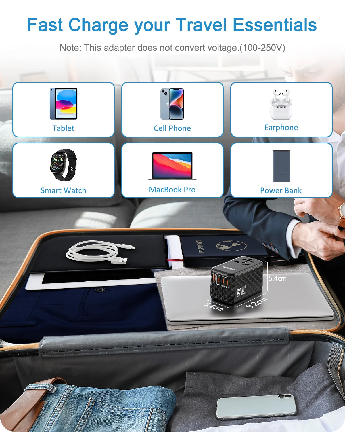 LENCENT 120W GaN International Travel Adapter – 1 USB-A & 3 Type-C PD3.0 Fast Charging EU/UK/USA/AUS Plug Travel Charger