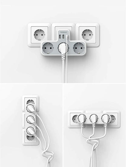 TESSAN 6-in-1 Socket Adapter – 3-Way Outlet with USB & Surge Protection for Travel, Smartphones & Laptops!