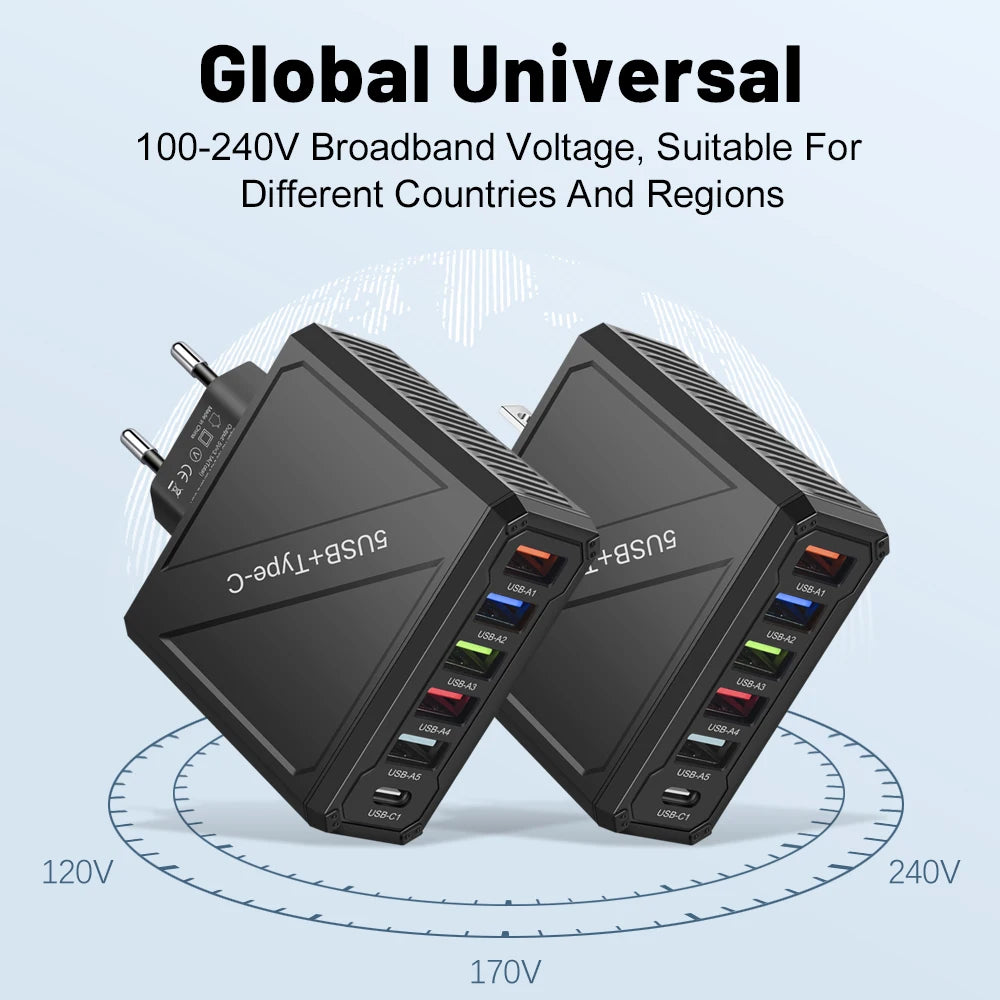 65W 5-Port USB Fast Charger – PD & QC 3.0 Adapter for Xiaomi, iPhone, Samsung & Vivo