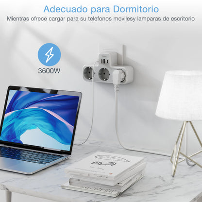 TESSAN 6-in-1 Socket Adapter – 3-Way Outlet with USB & Surge Protection for Travel, Smartphones & Laptops!