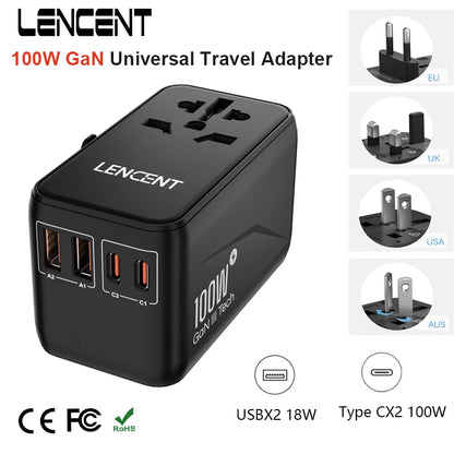 LENCENT 100W GaN Universal Travel Adapter – 2 QC4.0 USB-A & 2 PD3.0 Type-C PPS Fast Charging, EU/UK/USA/AUS Plug for Travel