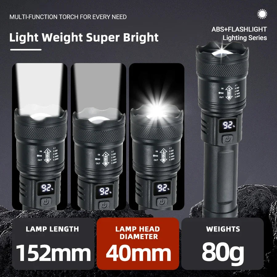 High-Power 2000LM LED Flashlight – Tactical Torch with Display Light, USB Charging, and Zoom for Camping, Fishing & Emergency