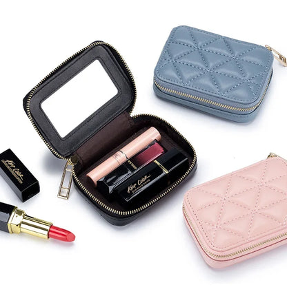 Mini Leather Cosmetic Bag – Stylish Lipstick & Coin Purse with Built-in Makeup Mirror