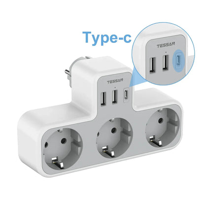 TESSAN 6-in-1 Socket Adapter – 3-Way Outlet with USB & Surge Protection for Travel, Smartphones & Laptops!